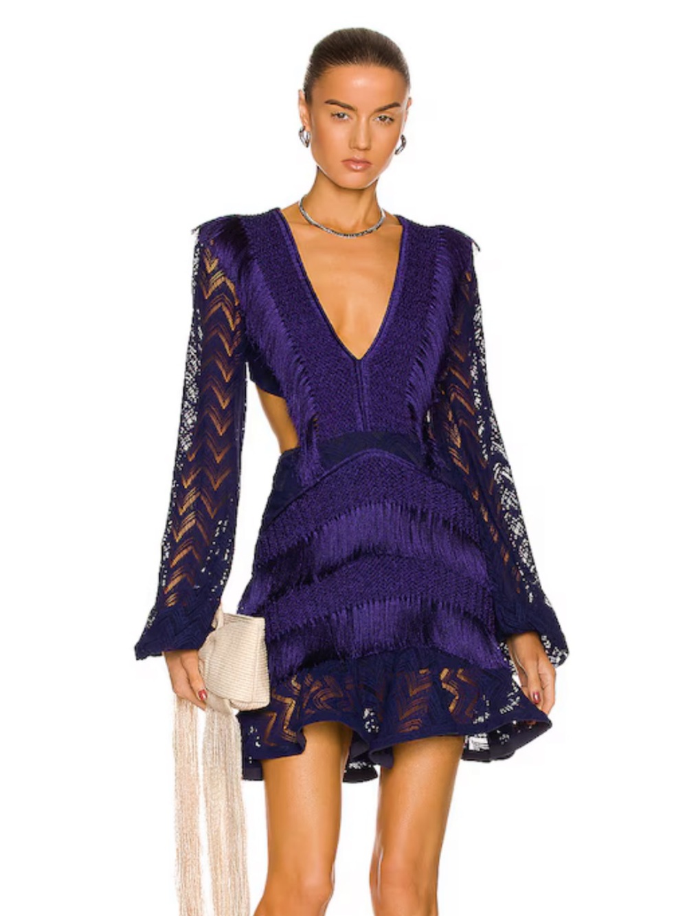 PatBO Navy V-Neck Lace & Fringe Mini Dress